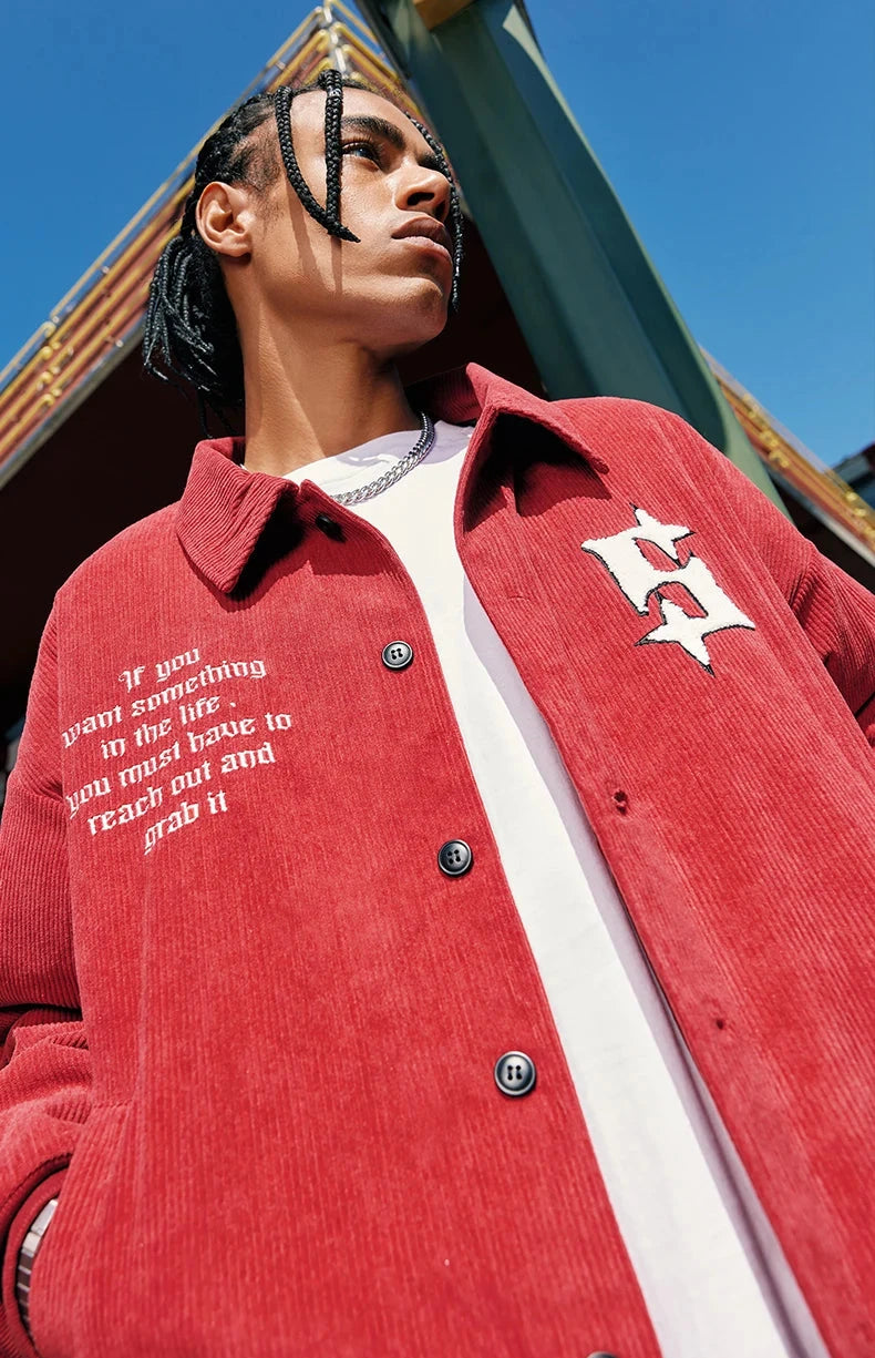 "Life" Red Corduroy Vintage Baseball Jacket