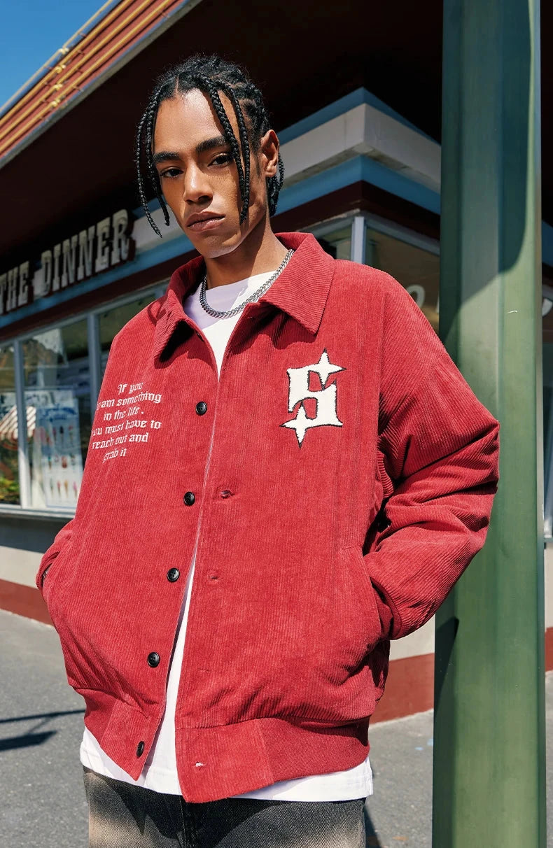 "Life" Red Corduroy Vintage Baseball Jacket