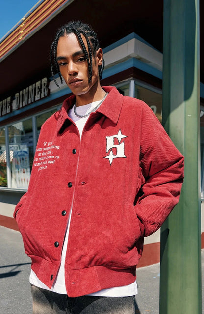 "Life" Red Corduroy Vintage Baseball Jacket