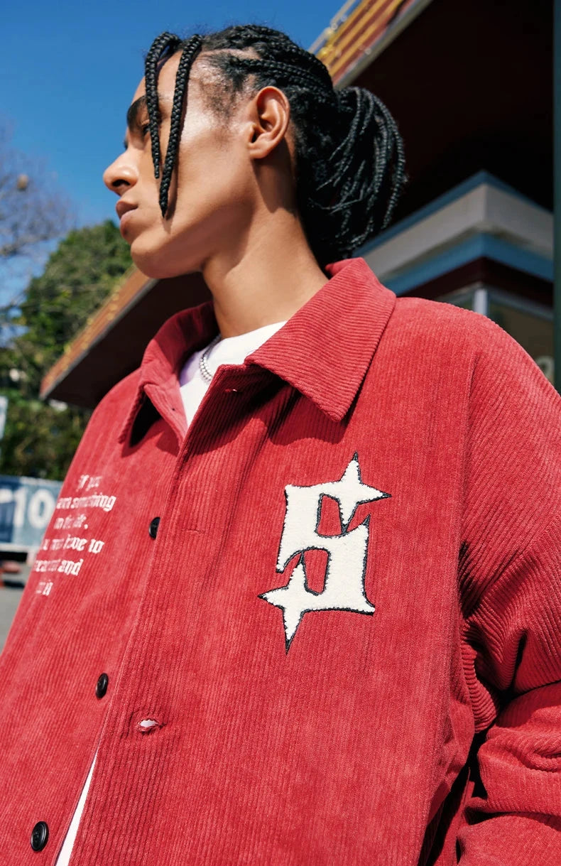 "Life" Red Corduroy Vintage Baseball Jacket